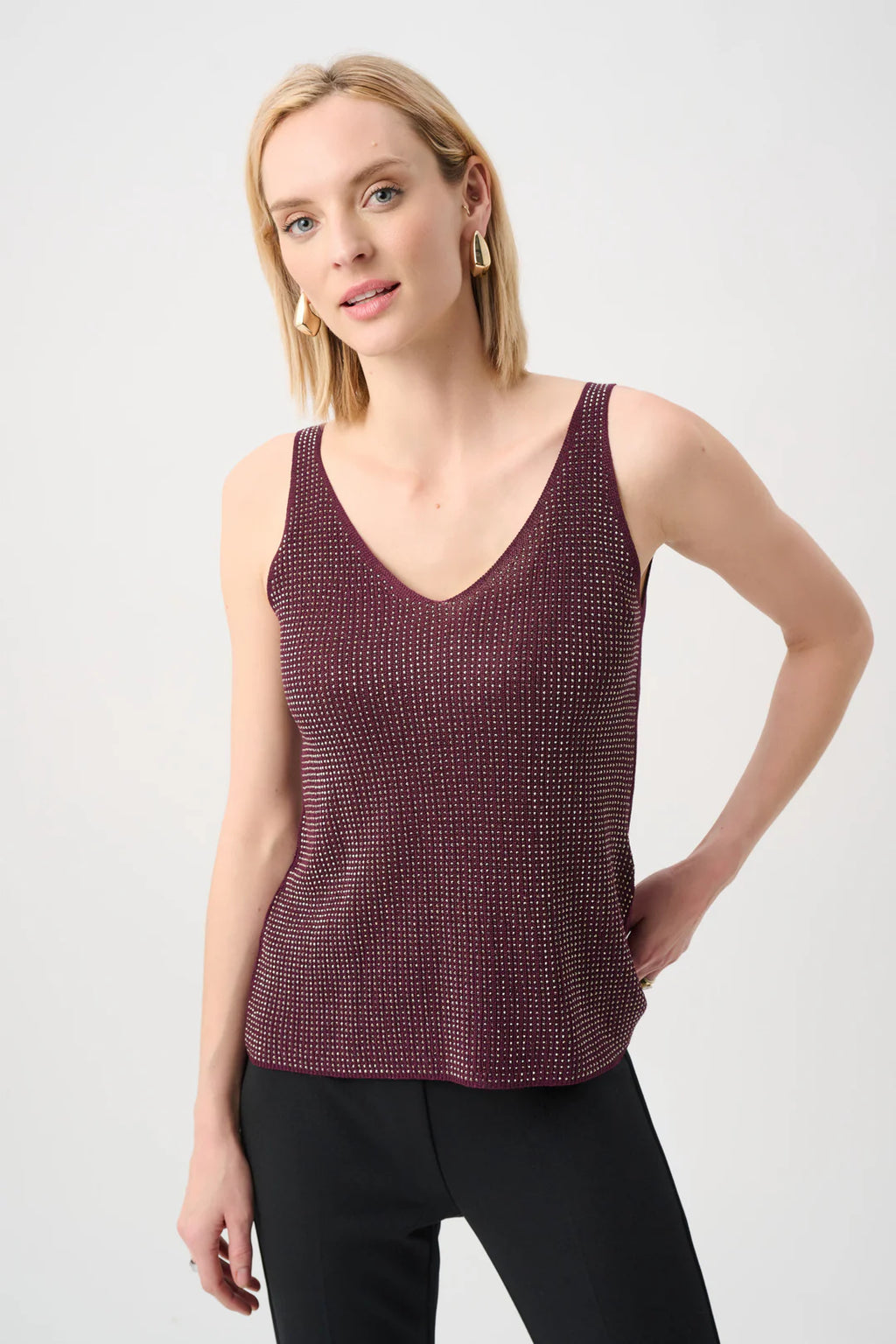 Joseph Ribkoff Metallic Ribbed V-Neck Camisole - Elderberry - Style 252915