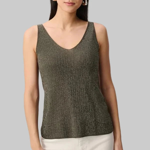 Joseph Ribkoff Metallic Ribbed V-Neck Camisole - Avocado - Style 252915