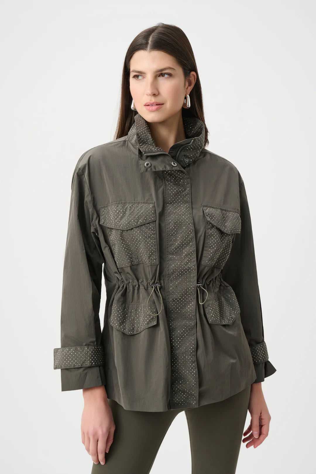 Joseph Ribkoff Nylon Mock-Neck Embellished Jacket - Avocado - 263633
