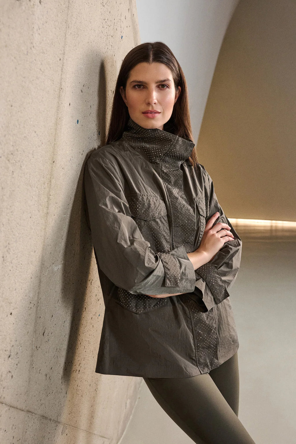Joseph Ribkoff Nylon Mock-Neck Embellished Jacket - Avocado - 263633