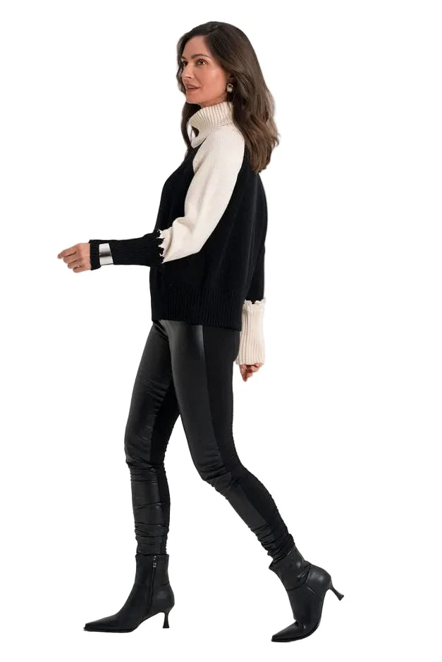 Planet - Pima Cotton 2 Tone Turtleneck Sweater - Black/Stone - 315KT