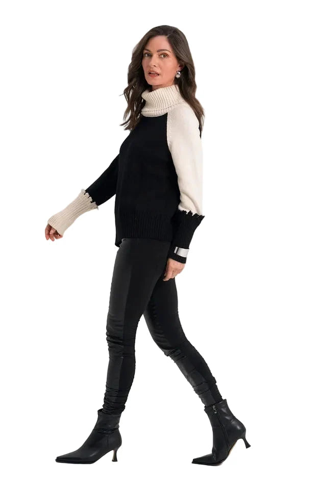Planet - Pima Cotton 2 Tone Turtleneck Sweater - Black/Stone - 315KT