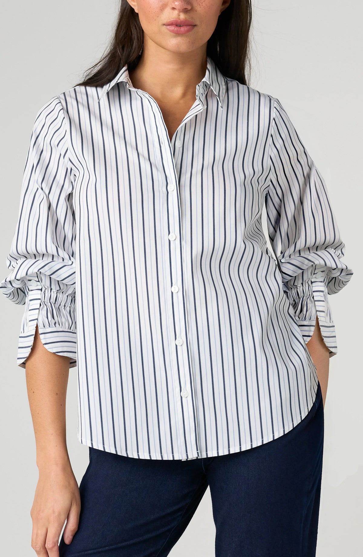 Liverpool - Adjustable Sleeve Button Front Woven Top - White/Navy - 8J54