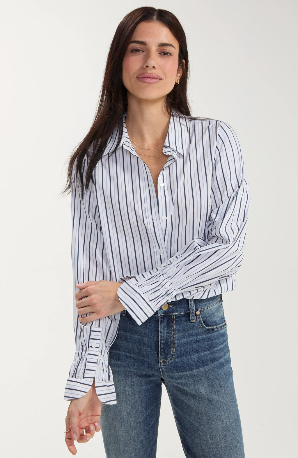 Liverpool - Adjustable Sleeve Button Front Woven Top - White/Navy - 8J54