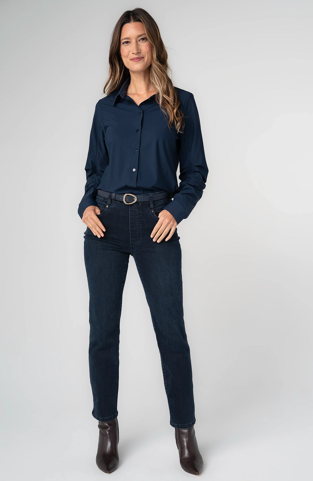 Liverpool - Pleated Sleeve Button Front Shirt - Navy - 8L30