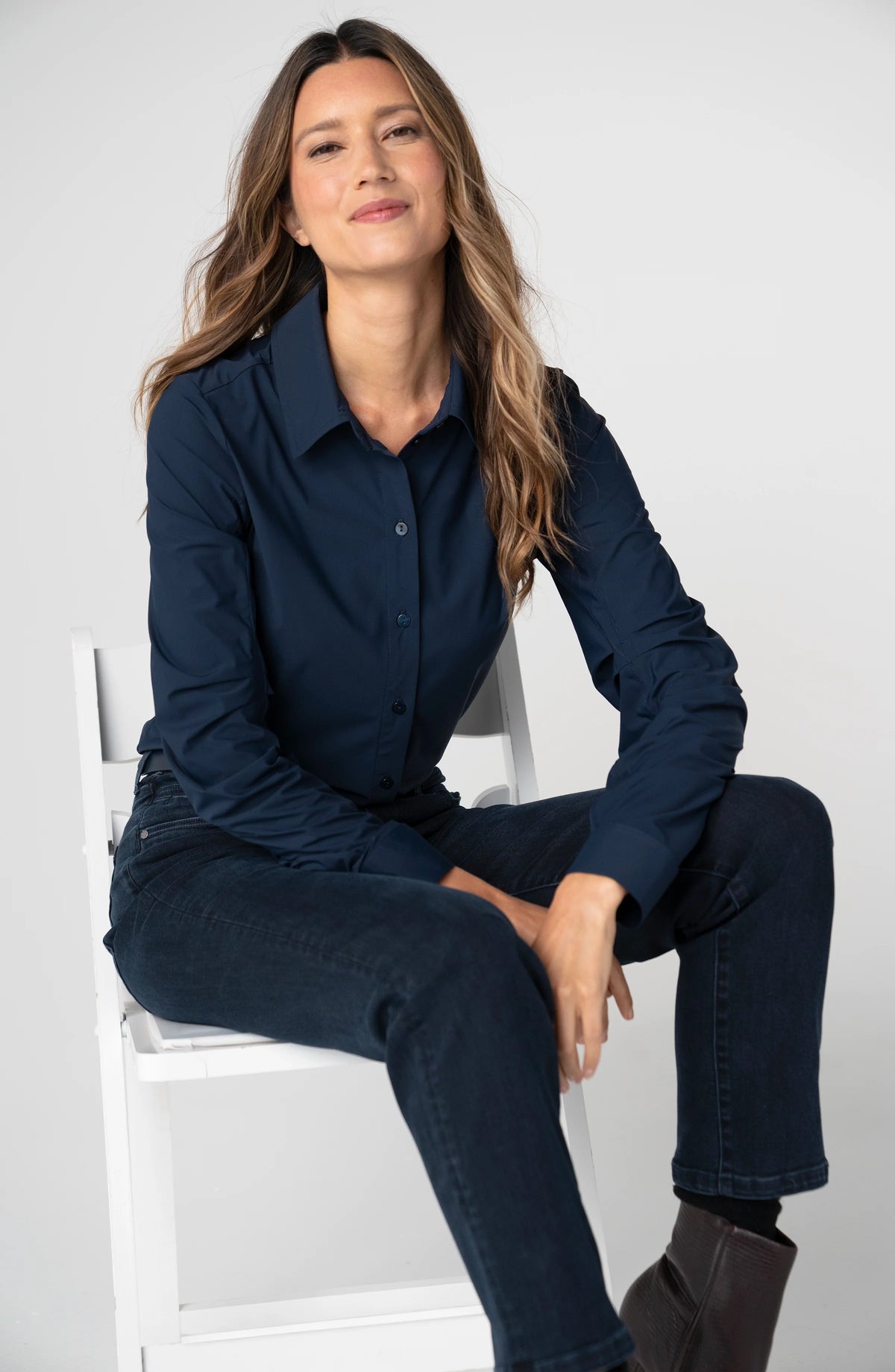 Liverpool - Pleated Sleeve Button Front Shirt - Navy - 8L30