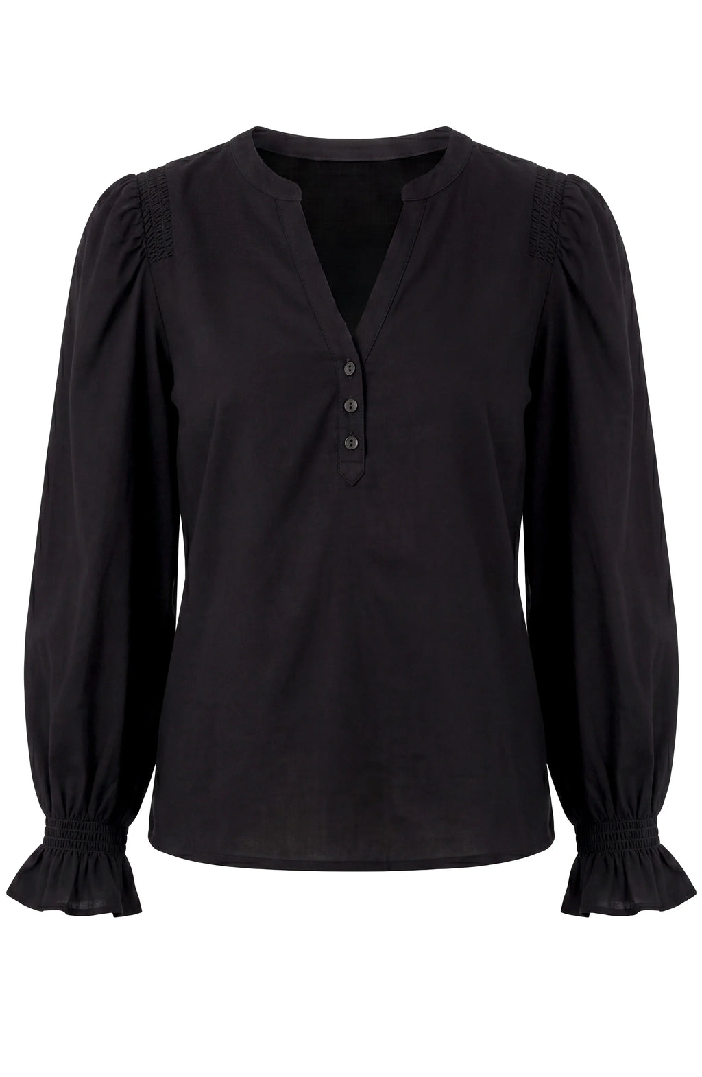 Liverpool - 3/4 Sleeve Knit-to-woven Top W/ Smocking - Black - 8L90