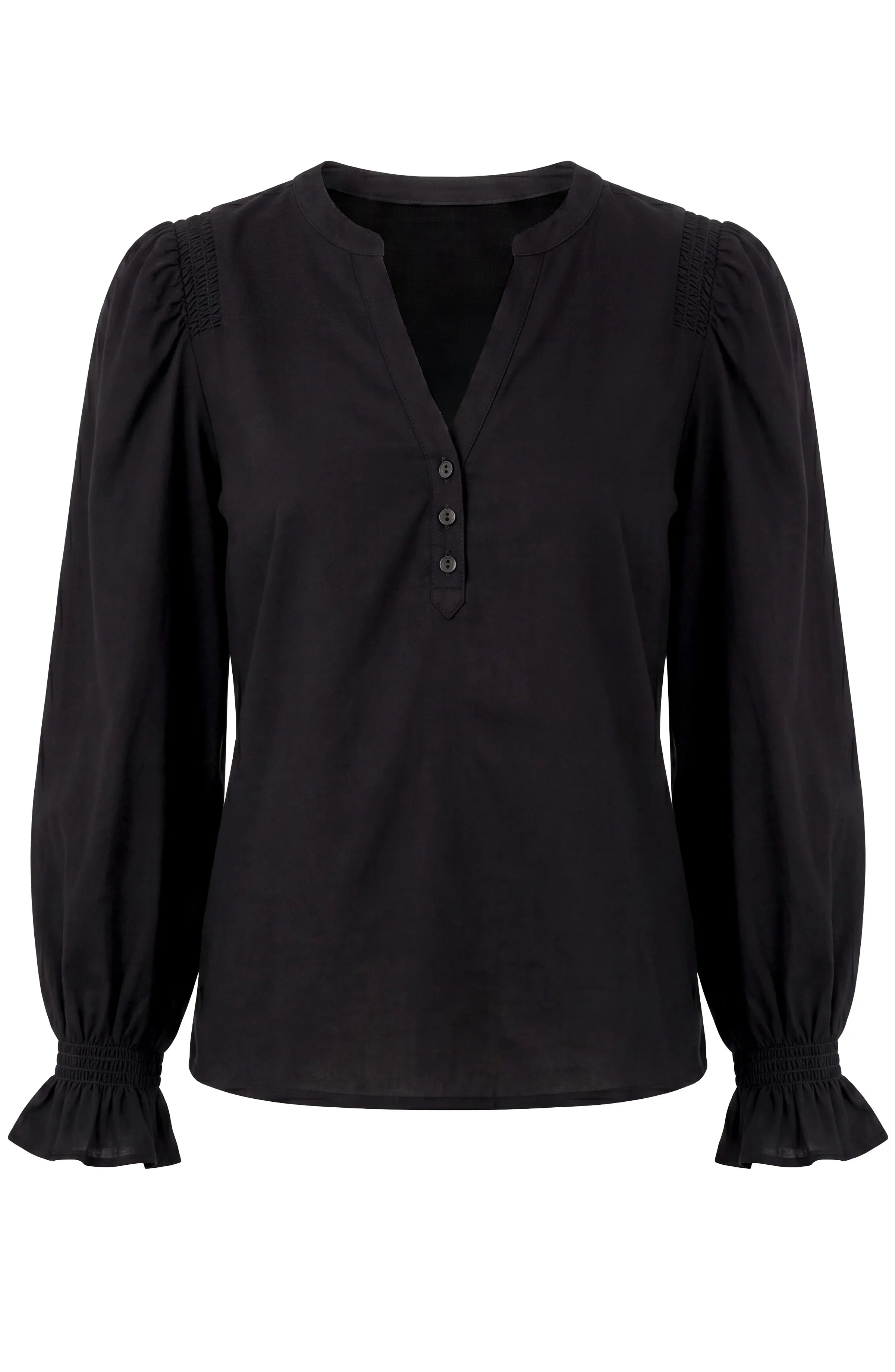 Liverpool - 3/4 Sleeve Knit-to-woven Top W/ Smocking - Black - 8L90