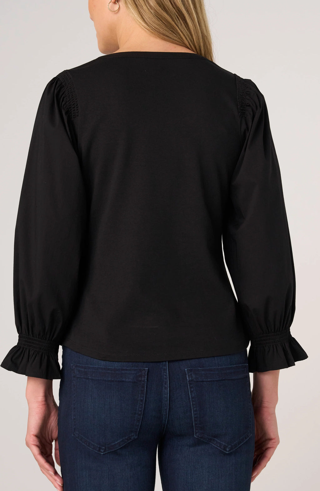 Liverpool - 3/4 Sleeve Knit-to-woven Top W/ Smocking - Black - 8L90