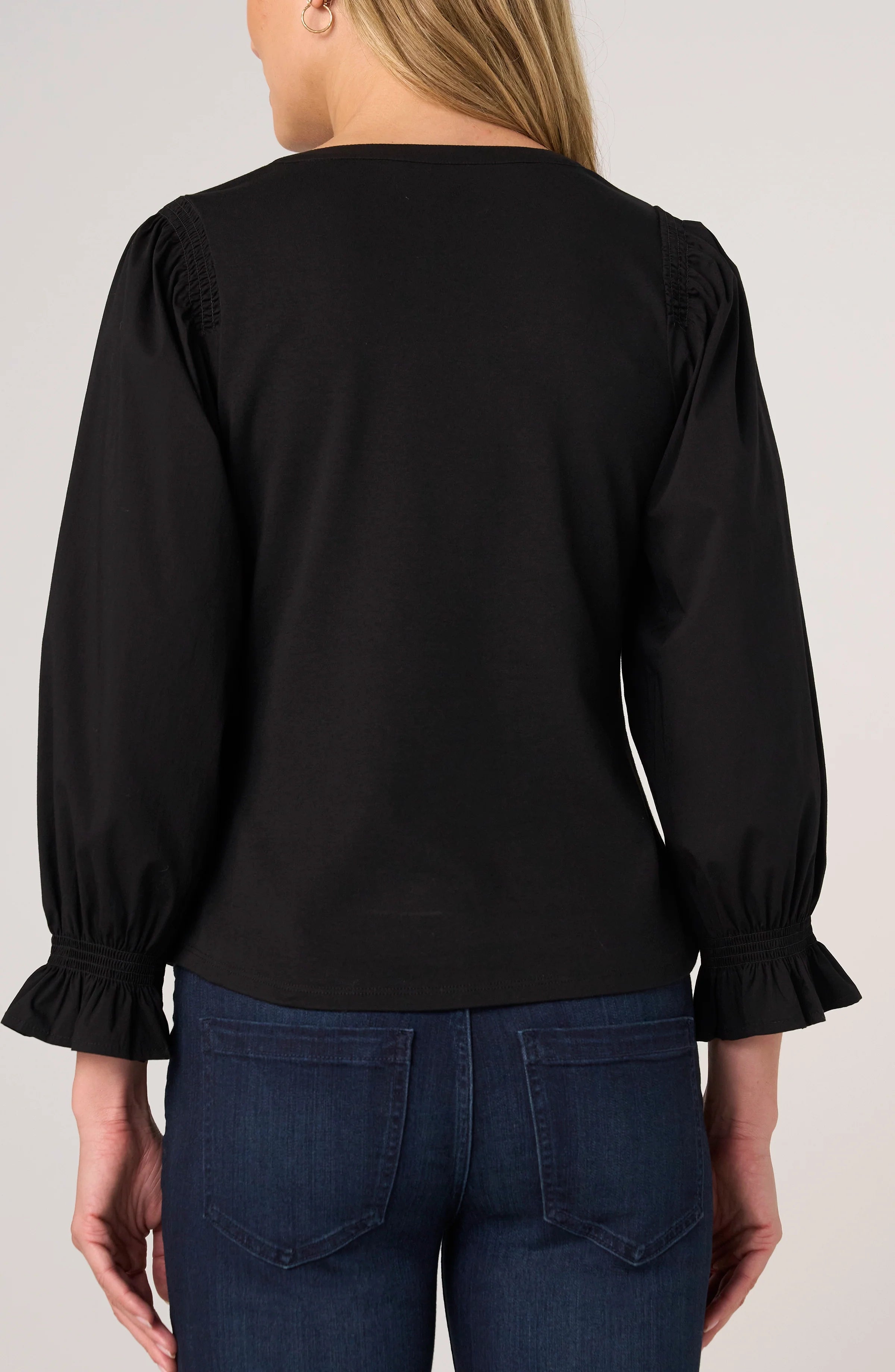 Liverpool - 3/4 Sleeve Knit-to-woven Top W/ Smocking - Black - 8L90