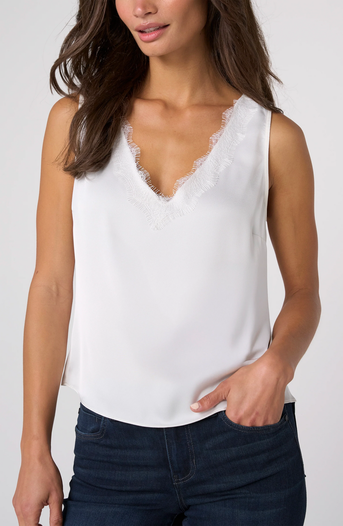 Liverpool - V-neck Woven Tank W/ Lace Trim - Whipped Cream - 8M20