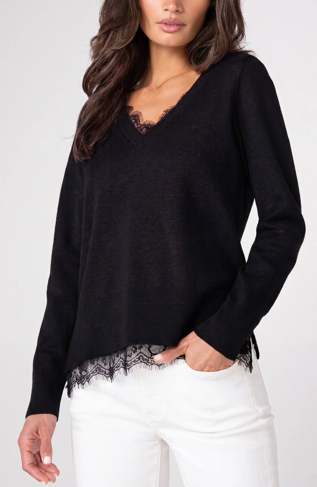 Liverpool - V-Neck Long Sleeve Sweater W Lace - Black - 8M47