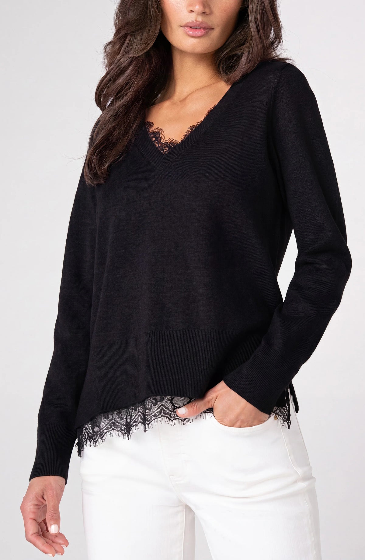 Liverpool - V-Neck Long Sleeve Sweater W Lace - Black - 8M47