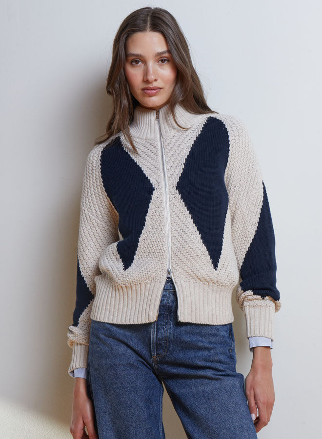 Autumn Cashmere - Diamond Mock Zip Up Sweater - Black/Natural - N14741