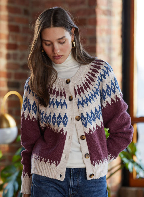 Autumn Cashmere - Fair Isle Cardigan Sweater - Wine Combo - NHT14688