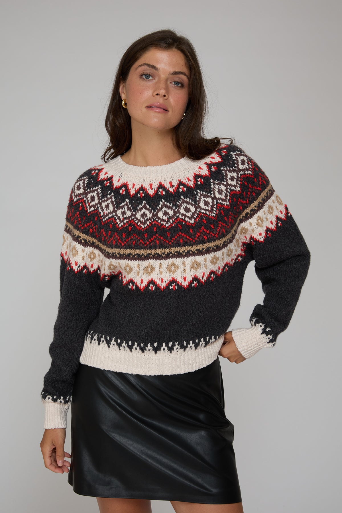 Autumn Cashmere - Chunky Fair Isle Crew Sweater - Charcoal Combo - NHT14722
