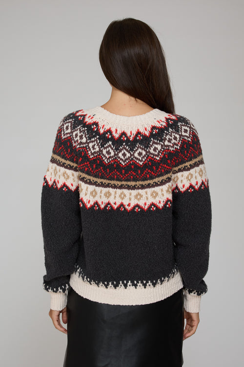 Autumn Cashmere - Chunky Fair Isle Crew Sweater - Charcoal Combo - NHT14722