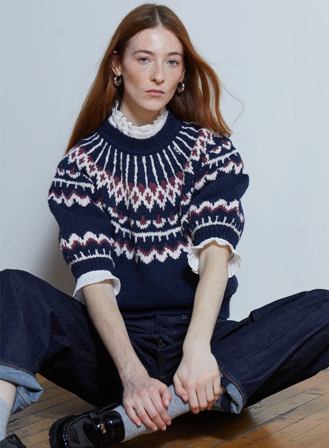 Autumn Cashmere - Puff Sleeve Fair Isle Crew Sweater - Charcoal Combo - NHT14770