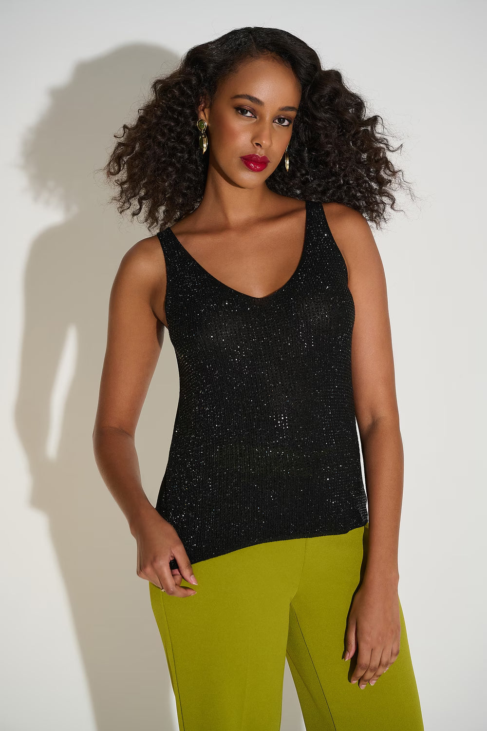 Joseph Ribkoff Metallic Ribbed V-Neck Camisole - Black - Style 252915